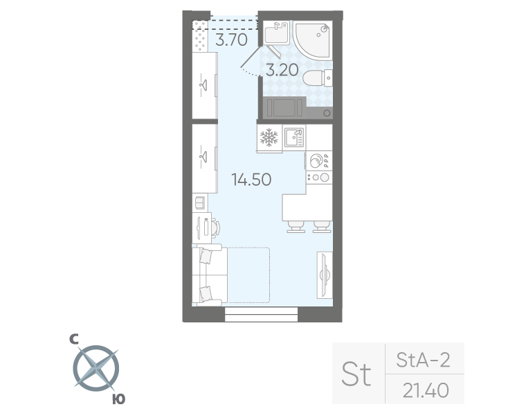Квартира-студия, 21.4 м² в ЖК "Ручьи" - планировка, фото №1