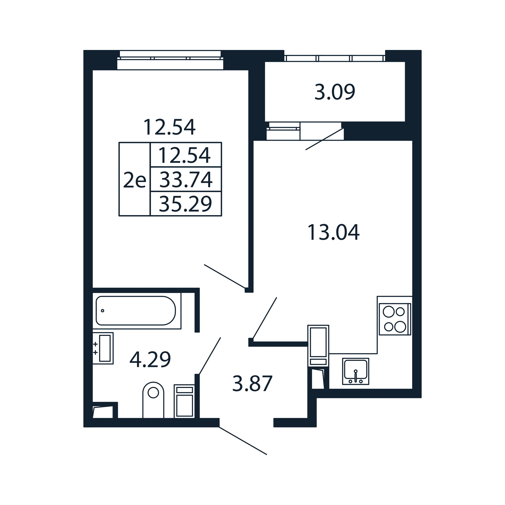 1-комнатная квартира, 33.74 м² - планировка, фото №1