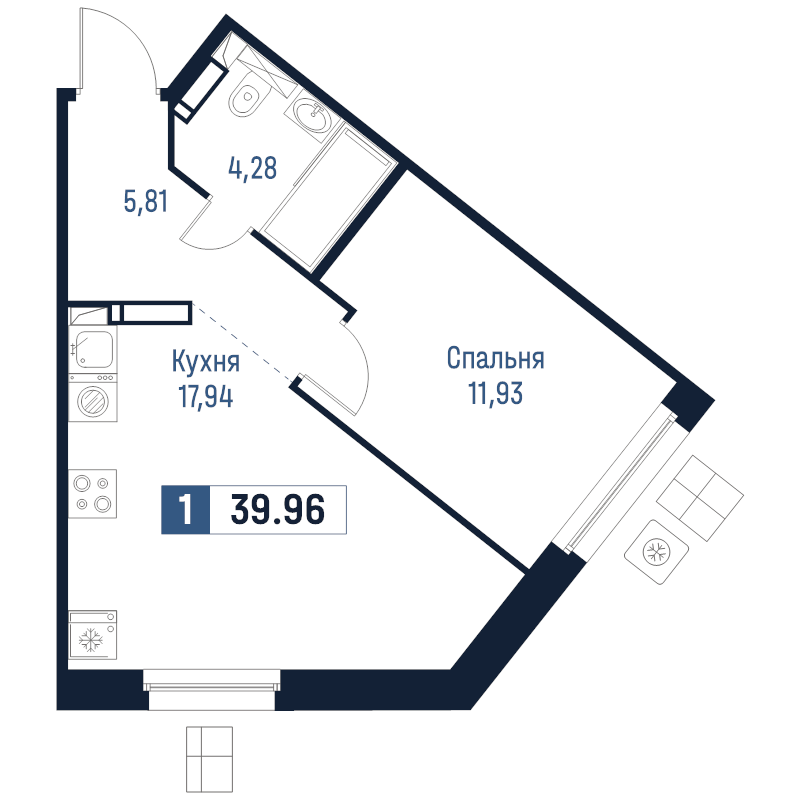2-комнатная (Евро) квартира, 39.96 м² в ЖК "Максималист" - планировка, фото №1
