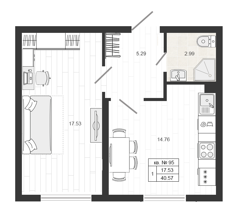 1-комнатная квартира, 40.6 м² в ЖК "Верево Сити" - планировка, фото №1