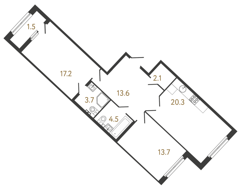 3-комнатная (Евро) квартира, 75 м² в ЖК "МИРЪ" - планировка, фото №1