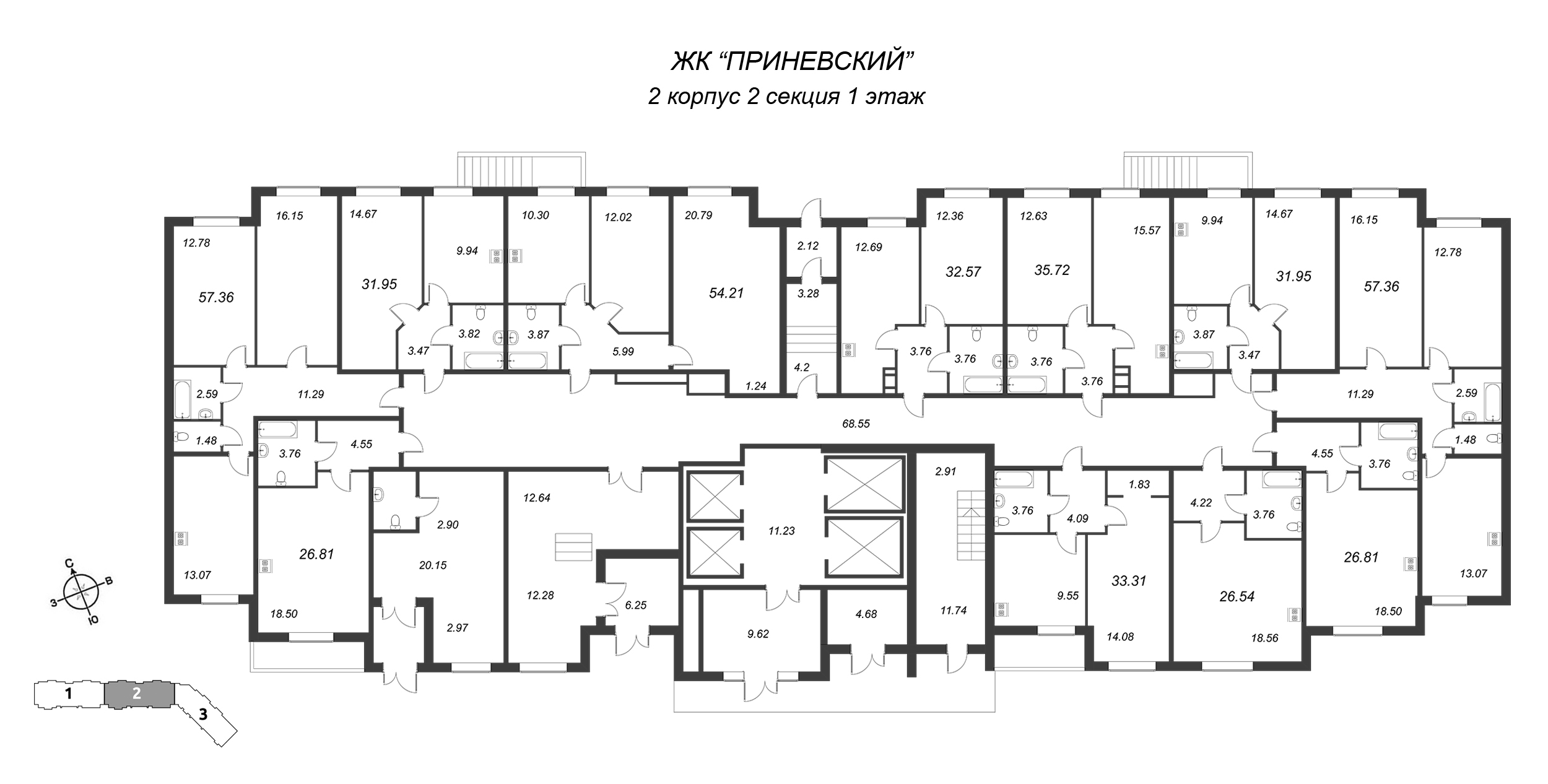 2-комнатная (Евро) квартира, 31.8 м² - планировка этажа