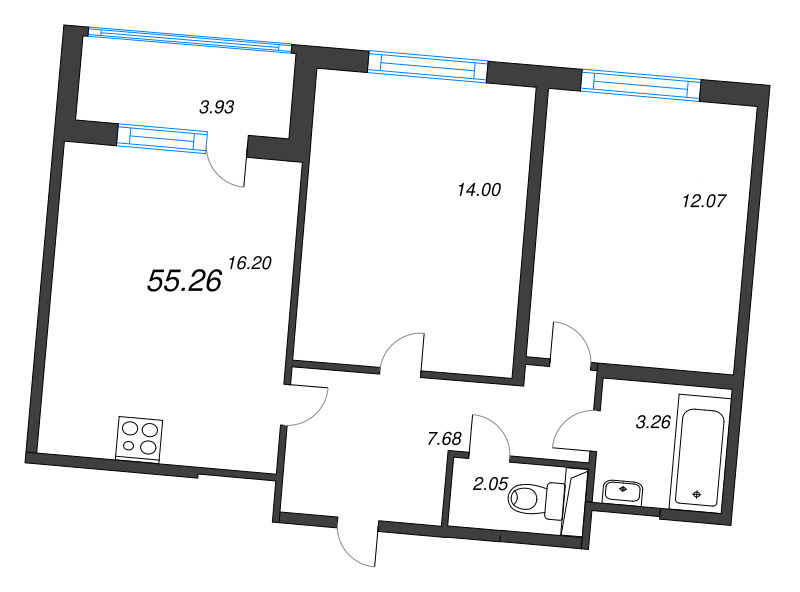 3-комнатная (Евро) квартира, 55.26 м² в ЖК "ЮгТаун" - планировка, фото №1
