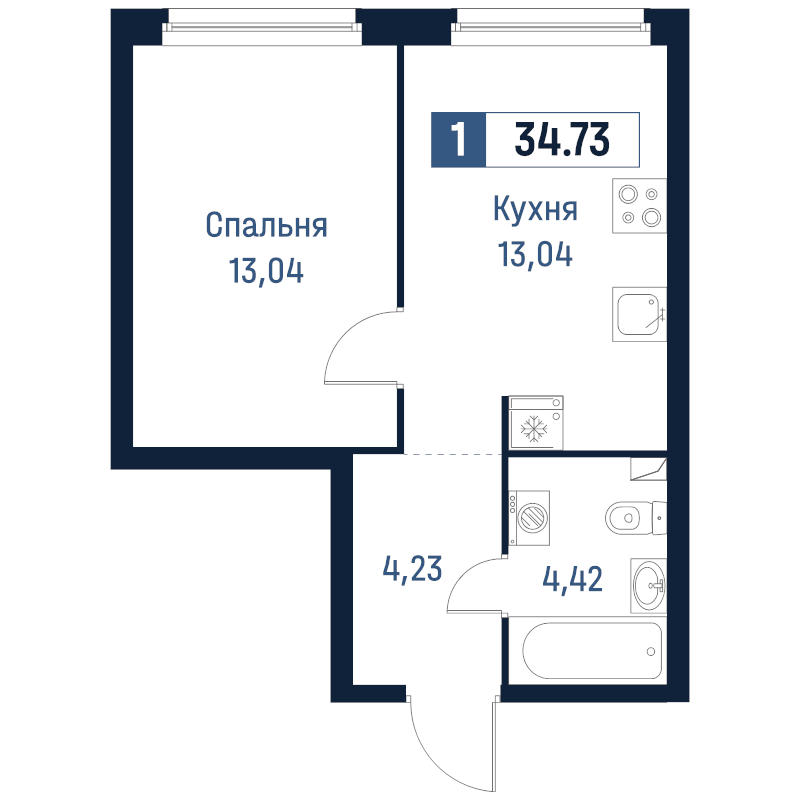1-комнатная квартира, 34.73 м² - планировка, фото №1