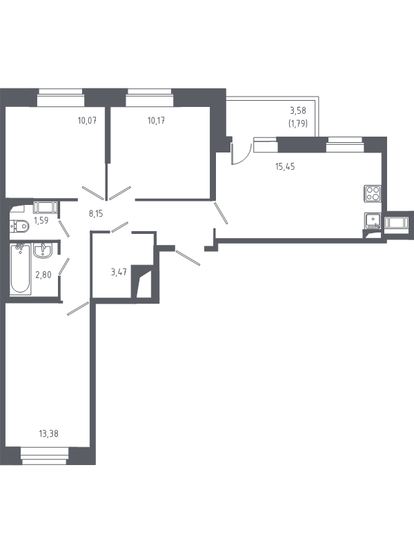 4-комнатная (Евро) квартира, 66.87 м² - планировка, фото №1