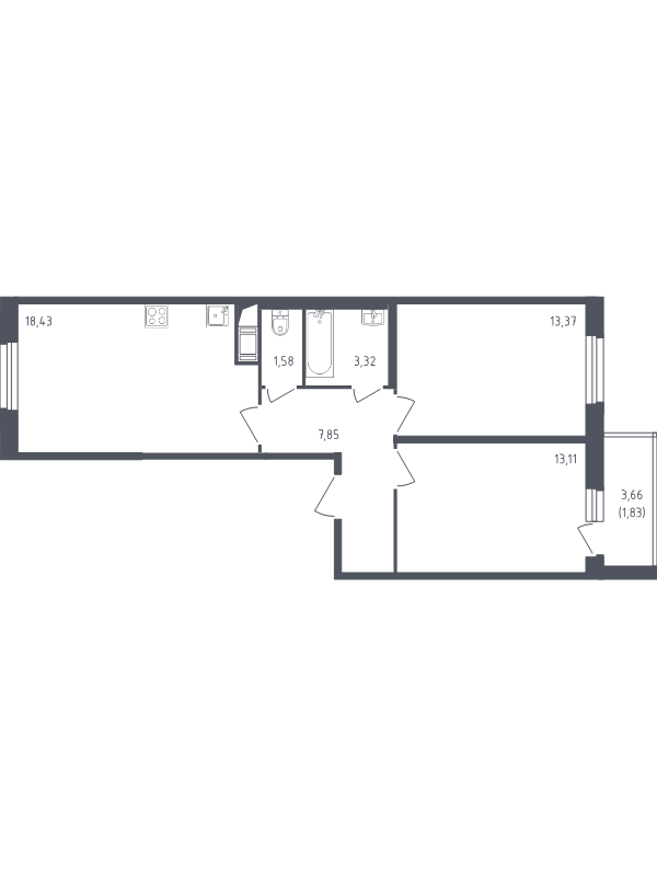 3-комнатная (Евро) квартира, 59.49 м² - планировка, фото №1