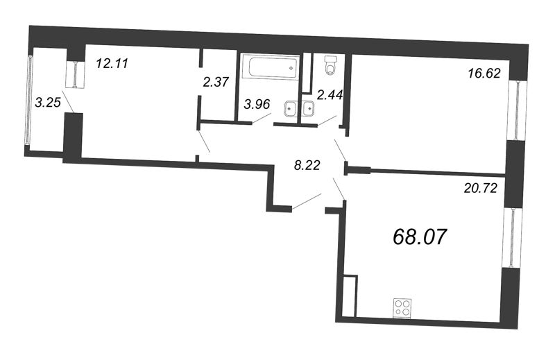 3-комнатная (Евро) квартира, 68.07 м² в ЖК "Ariosto" - планировка, фото №1