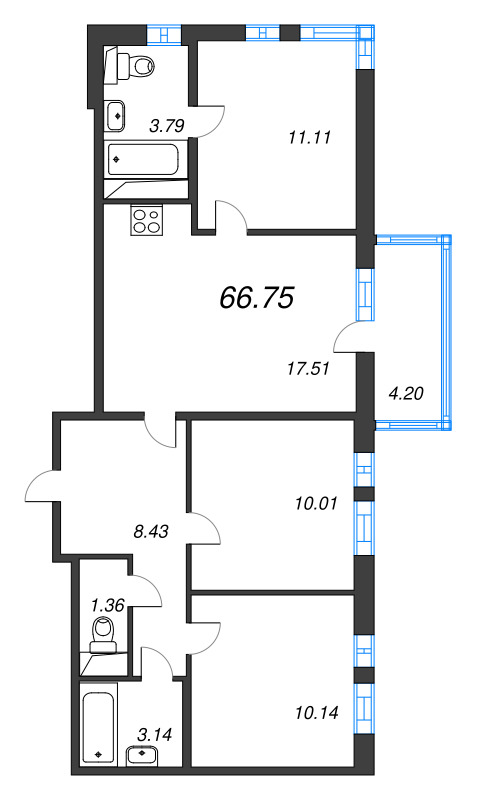 4-комнатная (Евро) квартира, 66.75 м² в ЖК "AEROCITY" - планировка, фото №1