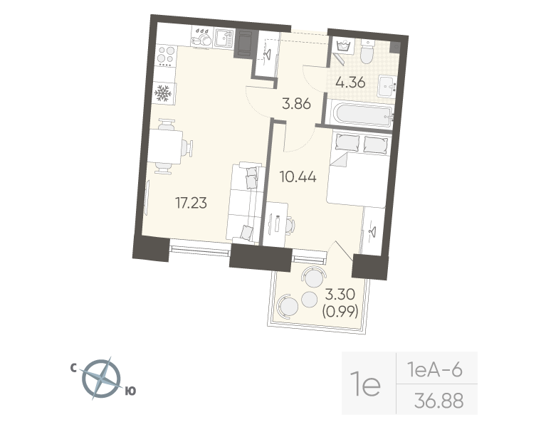 2-комнатная (Евро) квартира, 36.88 м² в ЖК "Бульвар Грина" - планировка, фото №1