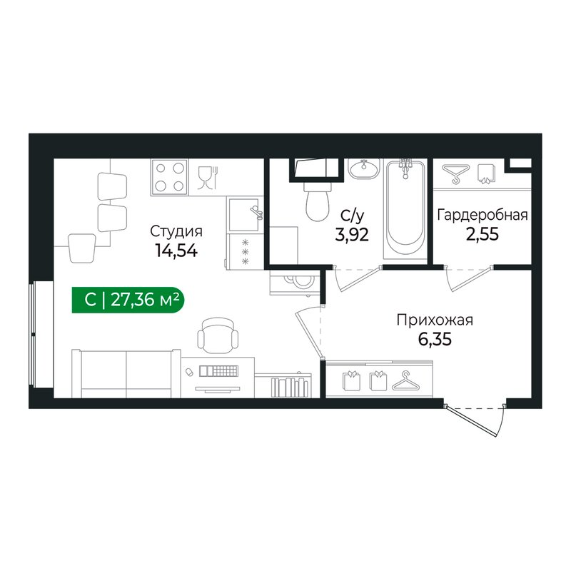 Квартира-студия, 27.4 м² в ЖК "Сертолово Парк" - планировка, фото №1