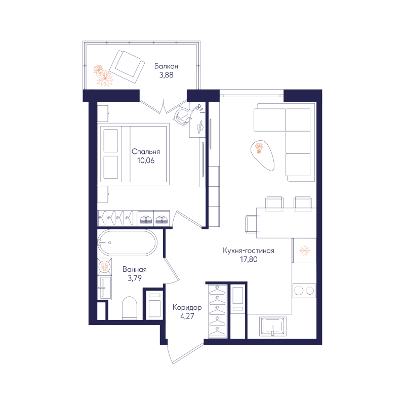 2-комнатная (Евро) квартира, 35.24 м² в ЖК "Кронунг Янино" - планировка, фото №1