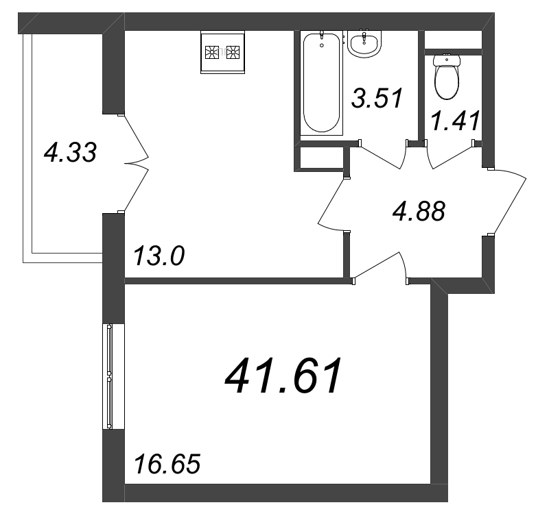 1-комнатная квартира, 41.61 м² - планировка, фото №1