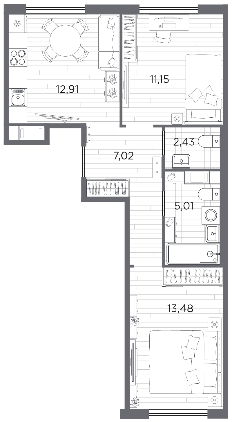 2-комнатная квартира, 52 м² в ЖК "PLUS Пулковский" - планировка, фото №1