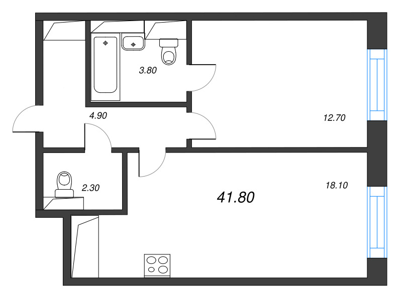 2-комнатная (Евро) квартира, 41.8 м² в ЖК "Большая Охта" - планировка, фото №1