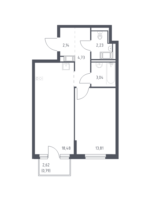 2-комнатная (Евро) квартира, 45.22 м² - планировка, фото №1