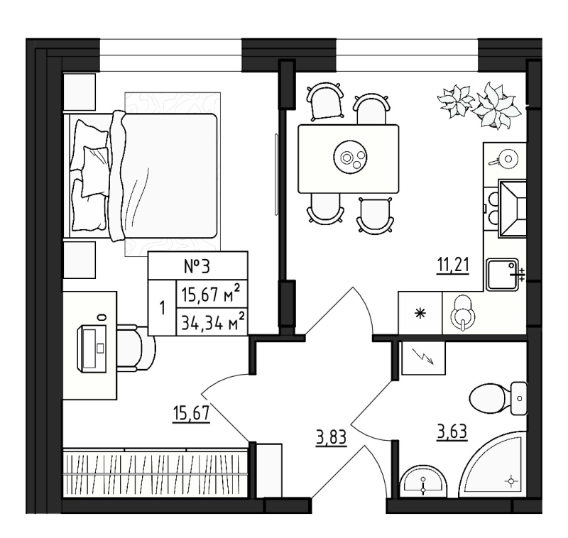 1-комнатная квартира, 34.34 м² - планировка, фото №1