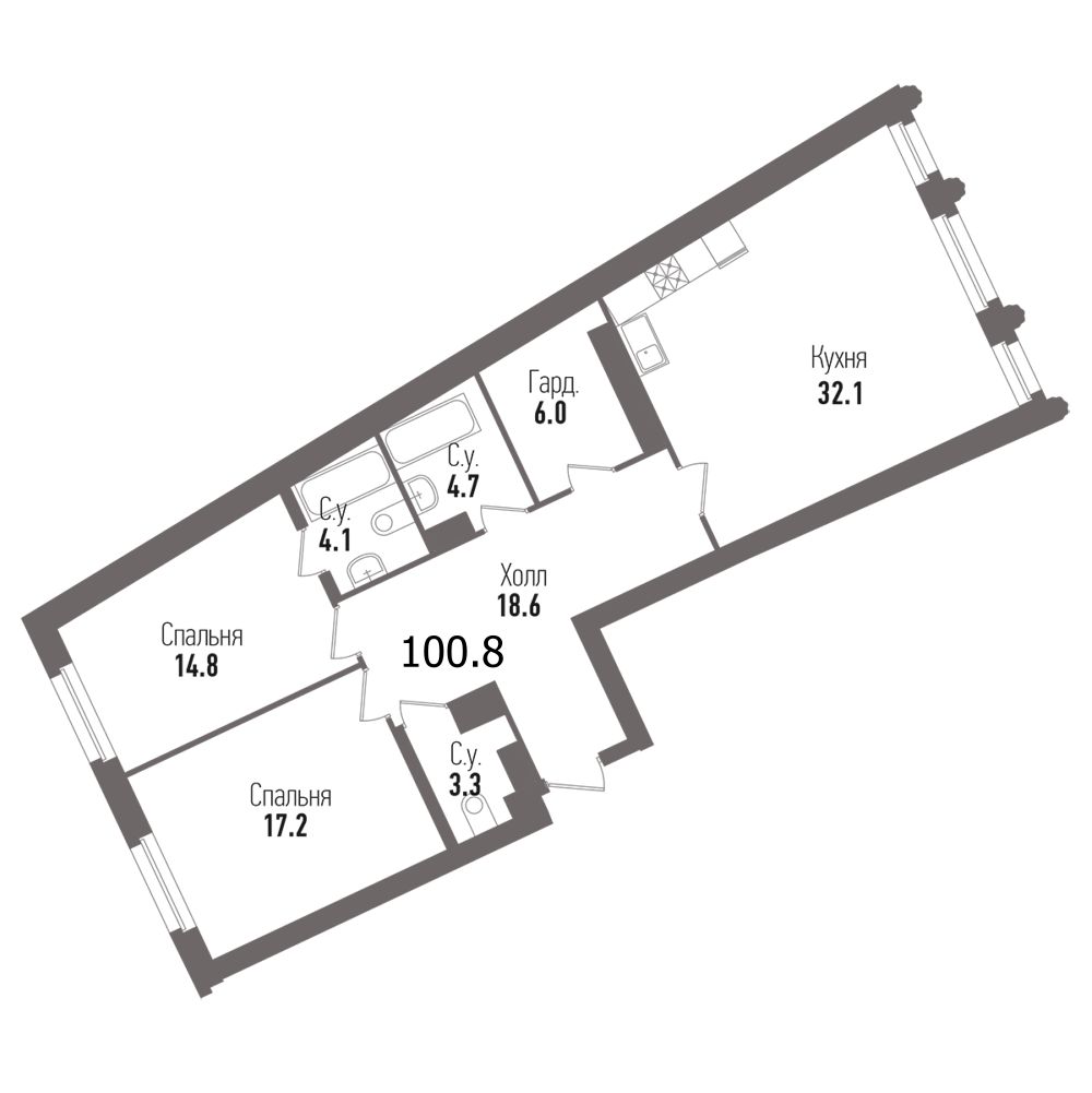 2-комнатная квартира, 100.8 м² - планировка, фото №1