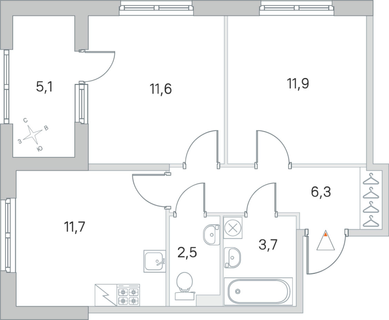 2-комнатная квартира, 47.7 м² в ЖК "ЮгТаун" - планировка, фото №1