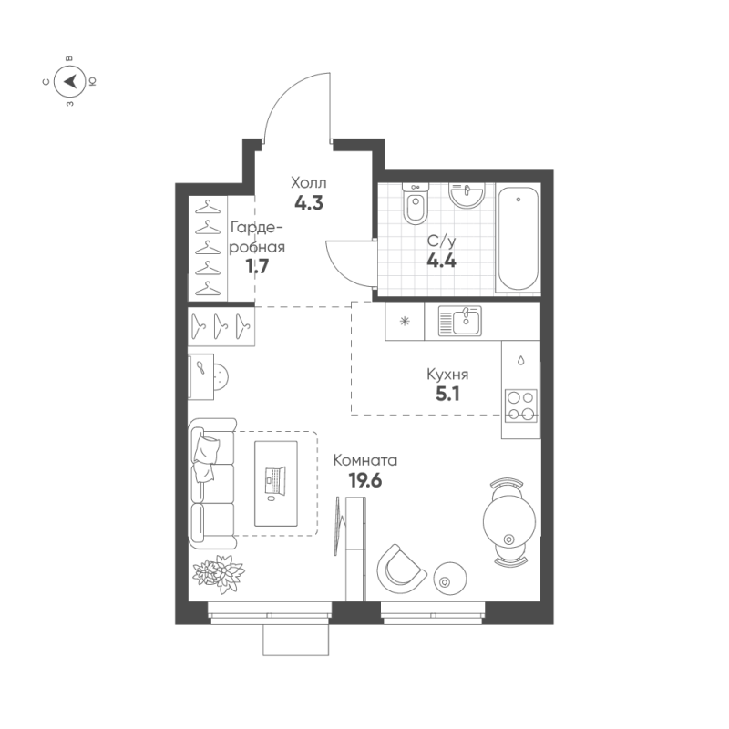 Квартира-студия, 35.1 м² - планировка, фото №1