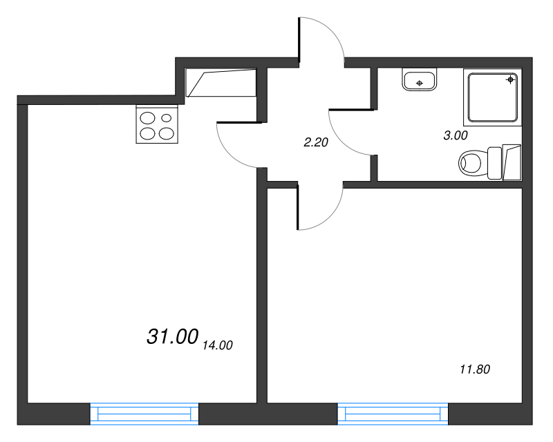 1-комнатная квартира, 31 м² - планировка, фото №1