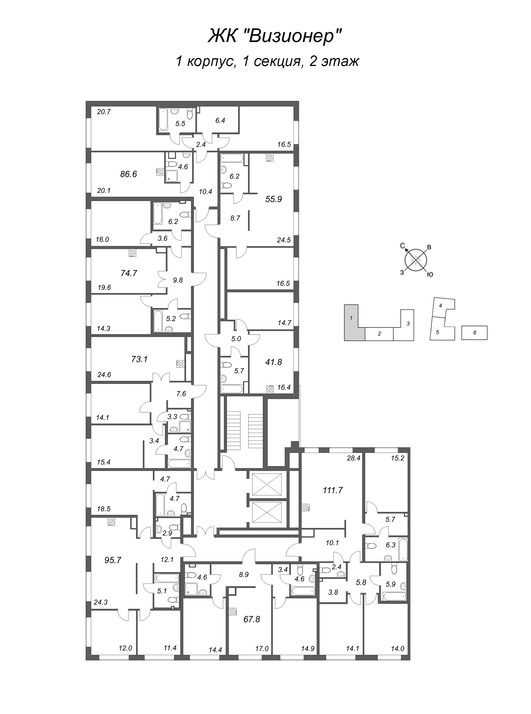2-комнатная (Евро) квартира, 56 м² в ЖК "Визионер" - планировка этажа