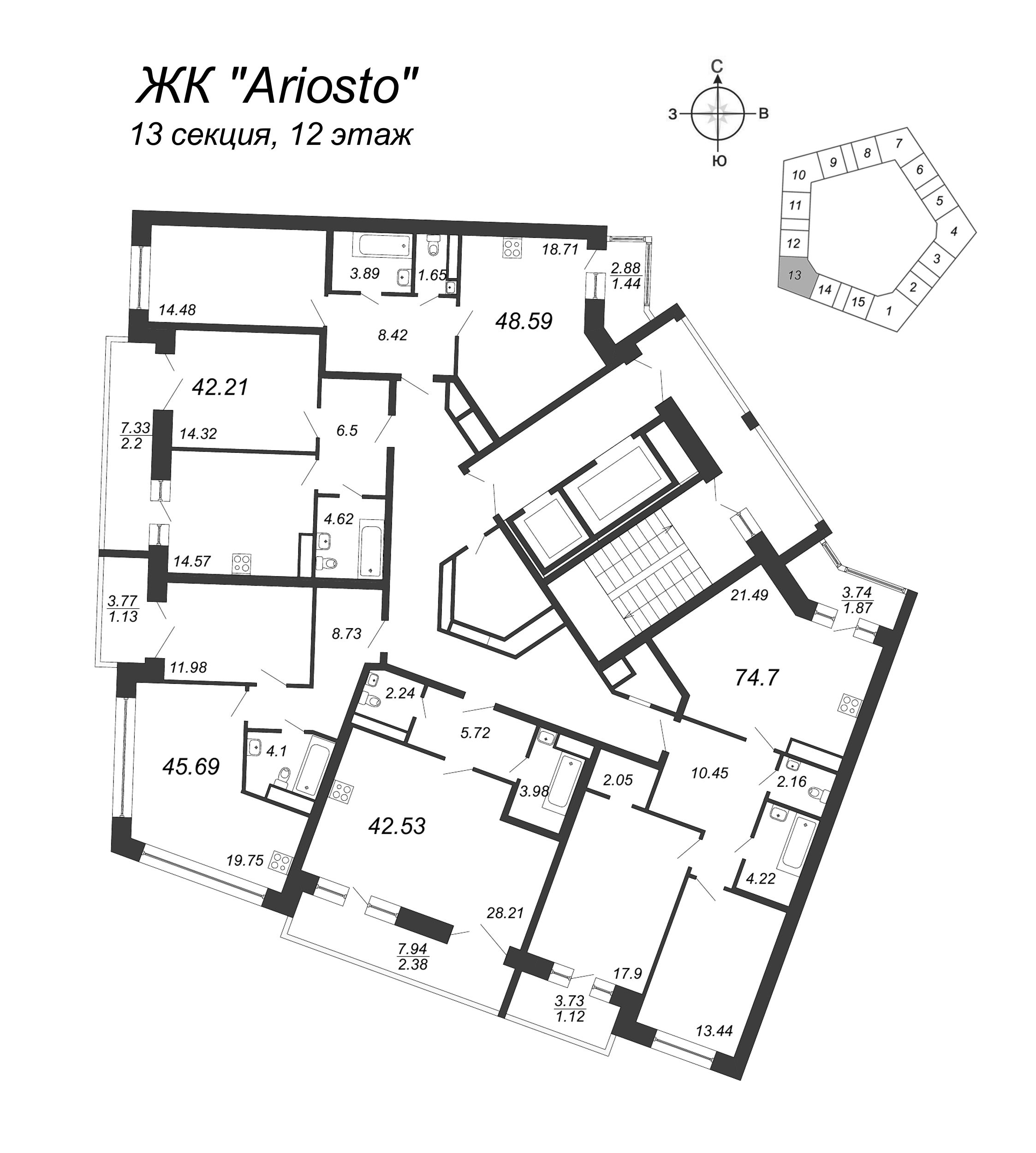 2-комнатная (Евро) квартира, 48.59 м² в ЖК "Ariosto" - планировка этажа