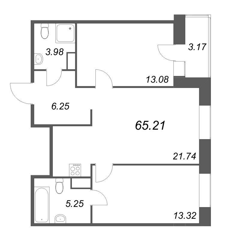 3-комнатная (Евро) квартира, 65.21 м² - планировка, фото №1