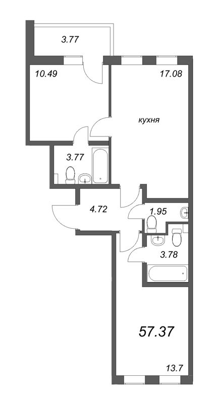 3-комнатная (Евро) квартира, 57.37 м² - планировка, фото №1