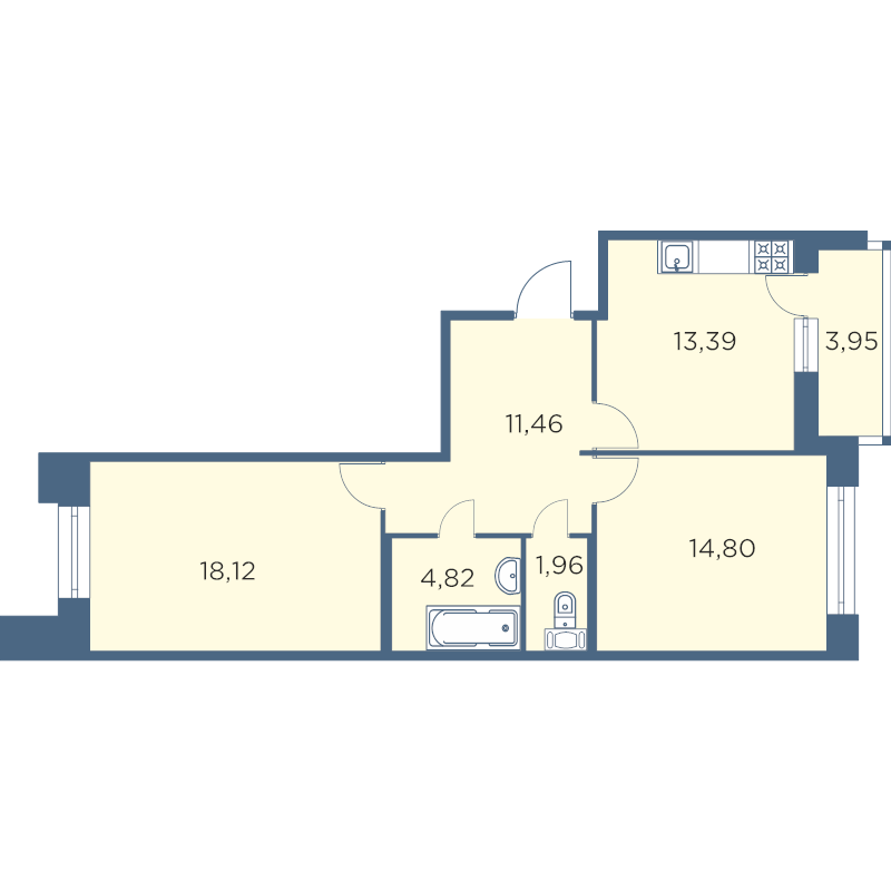 2-комнатная квартира, 65.74 м² - планировка, фото №1