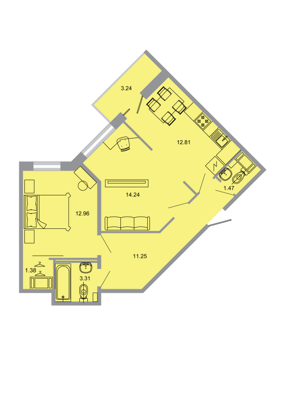 2-комнатная квартира, 57.5 м² - планировка, фото №1