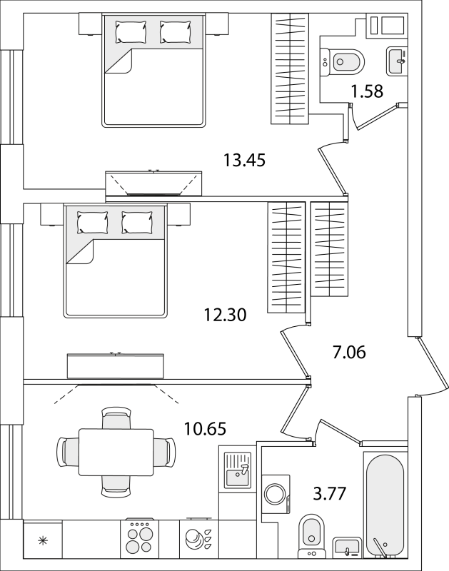 2-комнатная квартира, 48.81 м² - планировка, фото №1