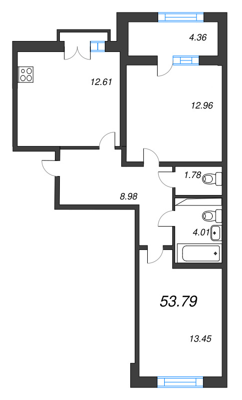 2-комнатная квартира, 53.79 м² в ЖК "Дубровский" - планировка, фото №1