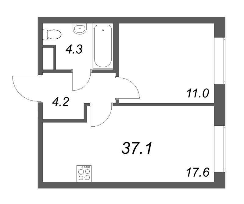 2-комнатная (Евро) квартира, 37.1 м² - планировка, фото №1