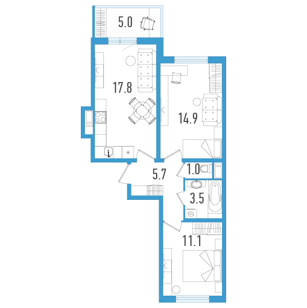 3-комнатная (Евро) квартира, 55.5 м² в ЖК "Аэросити" - планировка, фото №1