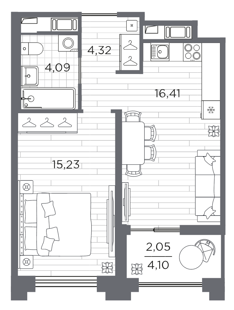 2-комнатная (Евро) квартира, 42.1 м² в ЖК "Ассамблея" - планировка, фото №1