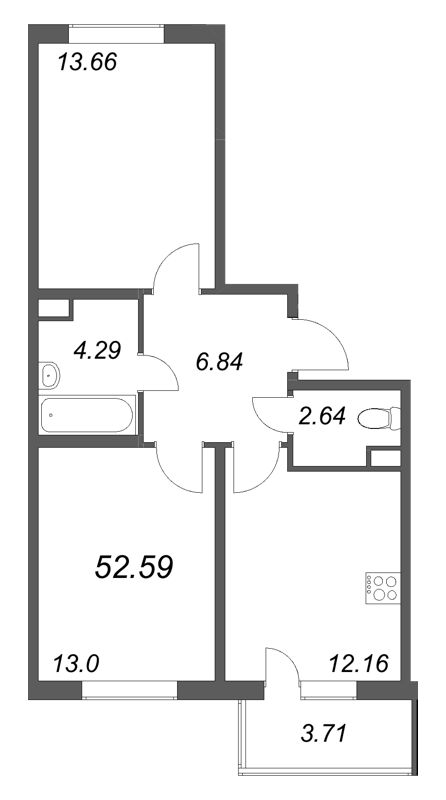 2-комнатная квартира, 52.59 м² в ЖК "ЮгТаун" - планировка, фото №1