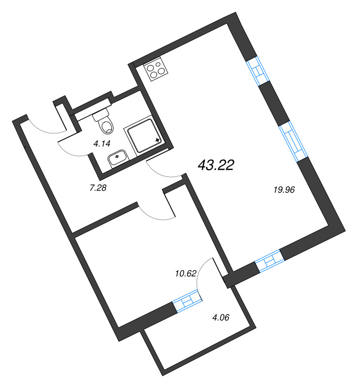 2-комнатная (Евро) квартира, 43.22 м² - планировка, фото №1