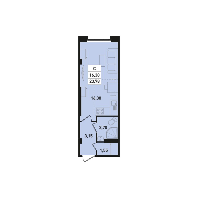 Квартира-студия, 23.78 м² в ЖК "Ромашки" - планировка, фото №1