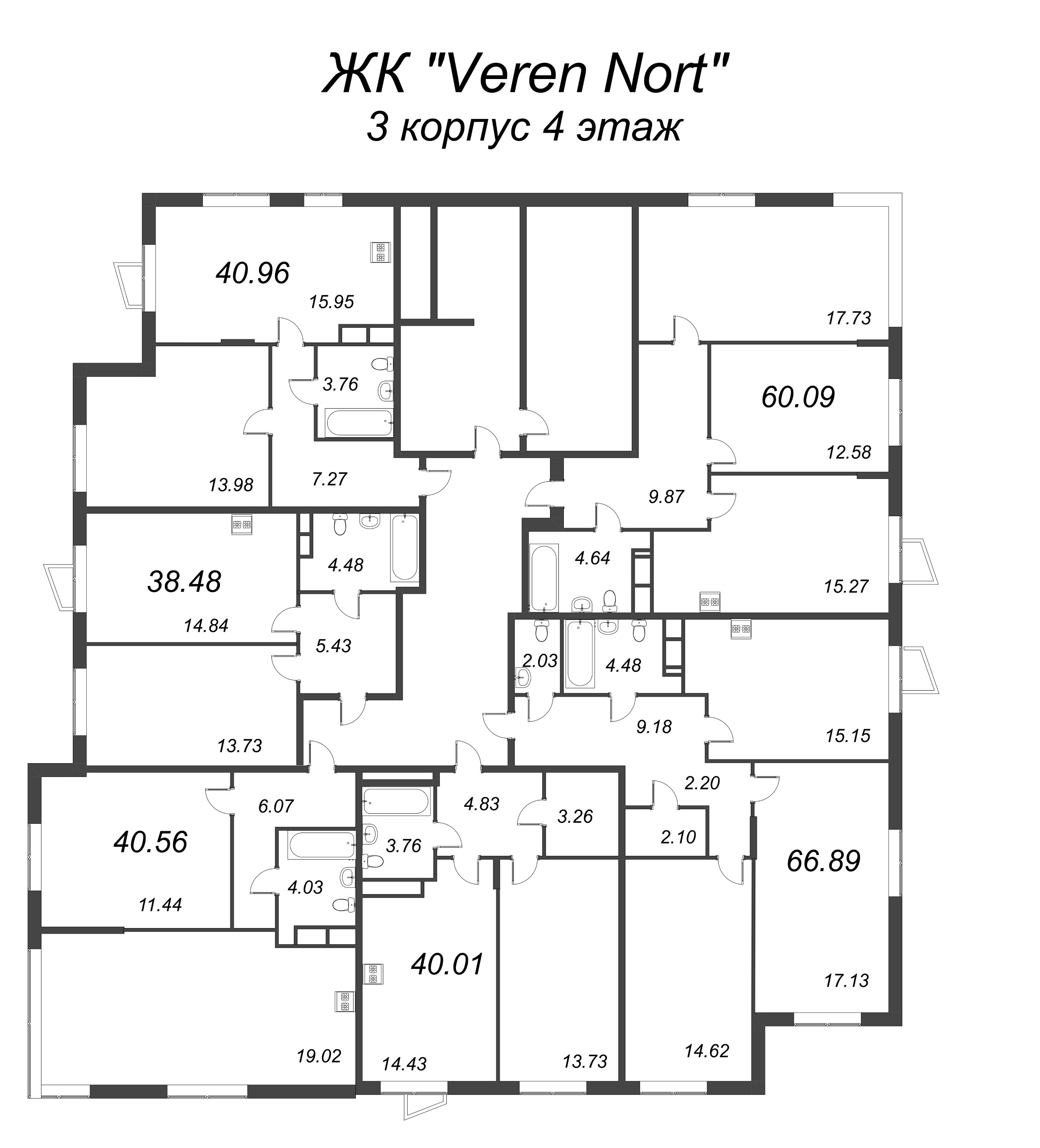 2-комнатная (Евро) квартира, 38.48 м² в ЖК "VEREN NORT сертолово" - планировка этажа