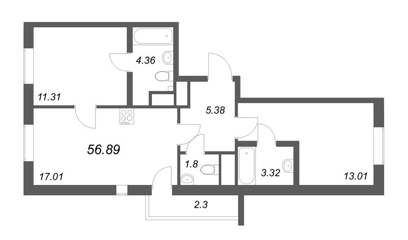 3-комнатная (Евро) квартира, 56.89 м² в ЖК "Южный форт" - планировка, фото №1