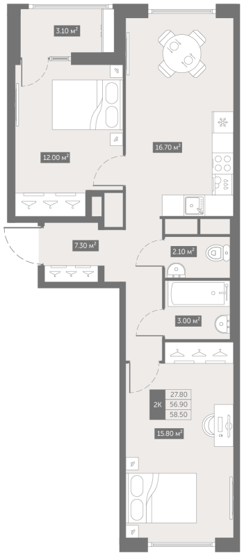 3-комнатная (Евро) квартира, 58.5 м² в ЖК "Квартал «Новый Московский»" - планировка, фото №1