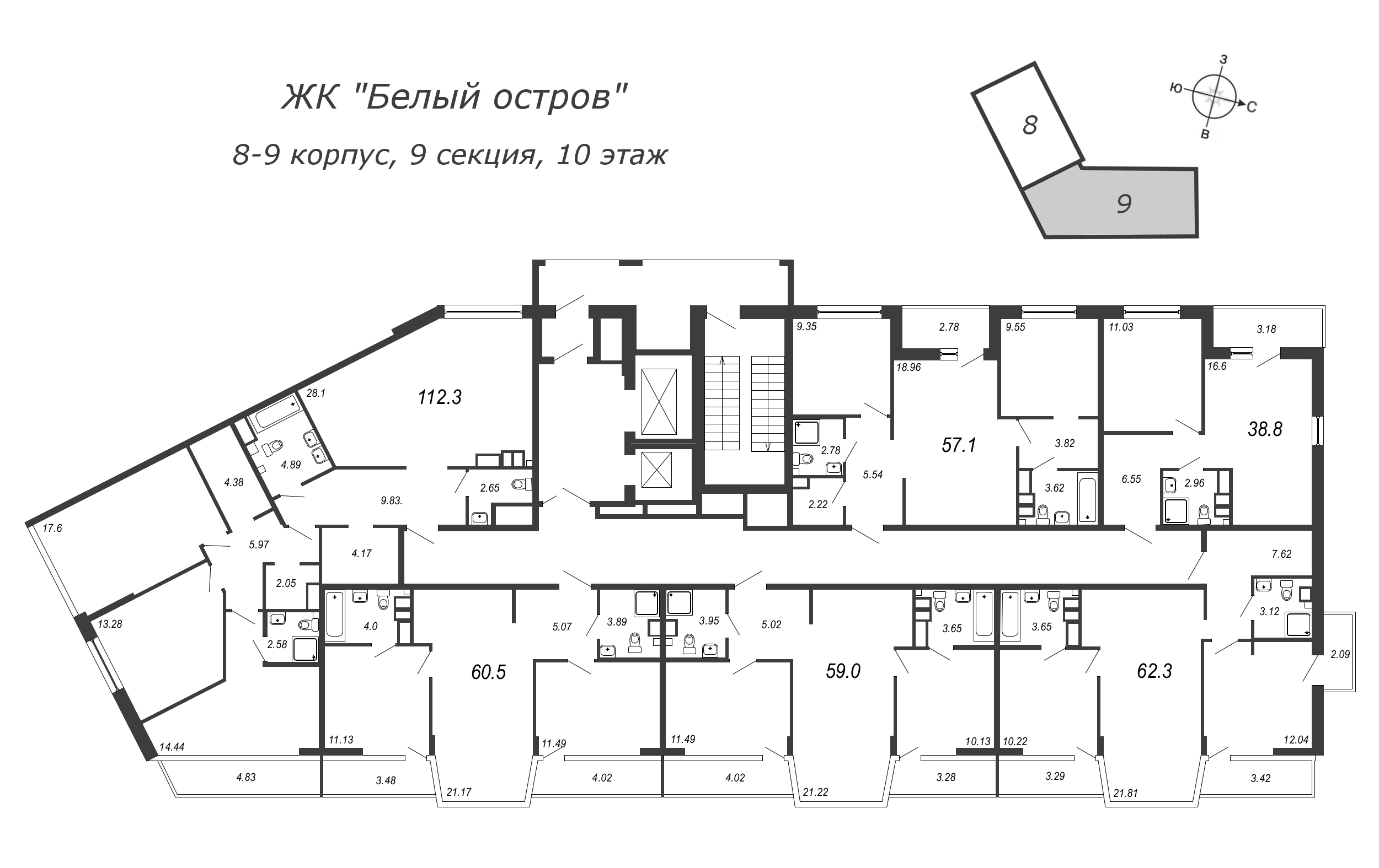 3-комнатная (Евро) квартира, 59.3 м² - планировка этажа