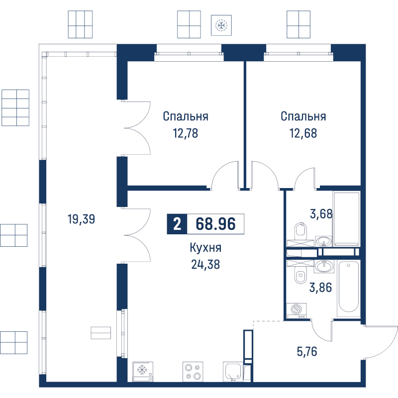 3-комнатная (Евро) квартира, 68.96 м² в ЖК "Символист" - планировка, фото №1