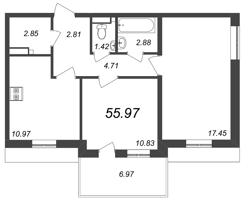 2-комнатная квартира, 60.76 м² - планировка, фото №1