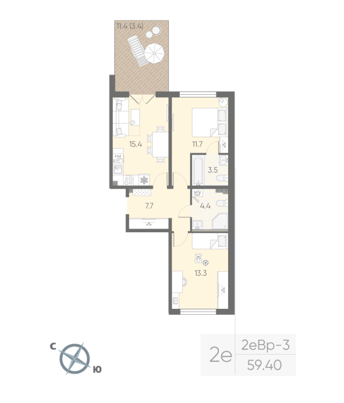 3-комнатная (Евро) квартира, 59.4 м² в ЖК "Пулково Lake" - планировка, фото №1