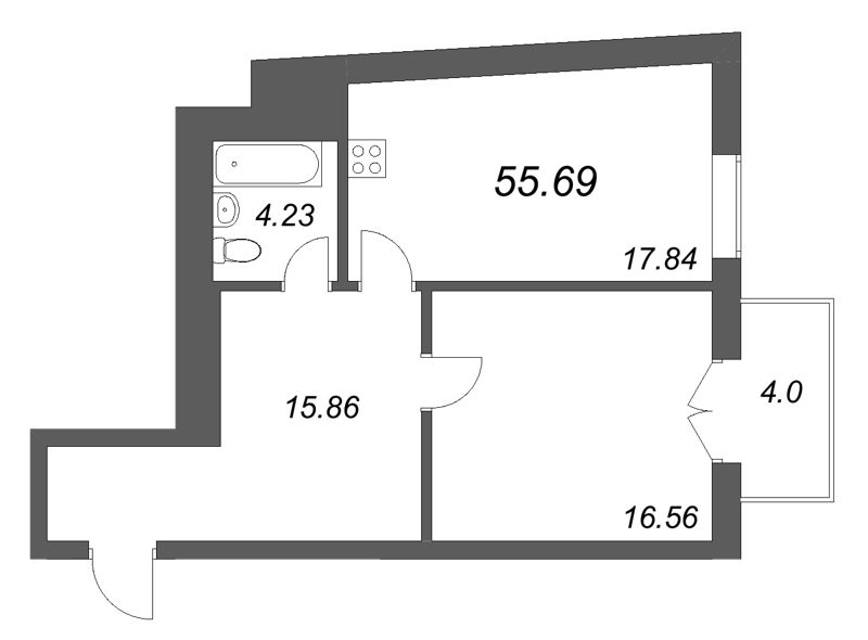 2-комнатная (Евро) квартира, 55.69 м² в ЖК "Фонтанка 130" - планировка, фото №1