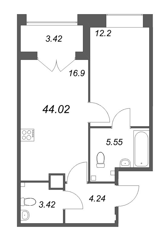 2-комнатная (Евро) квартира, 44.02 м² в ЖК "Ранта Резиденс" - планировка, фото №1