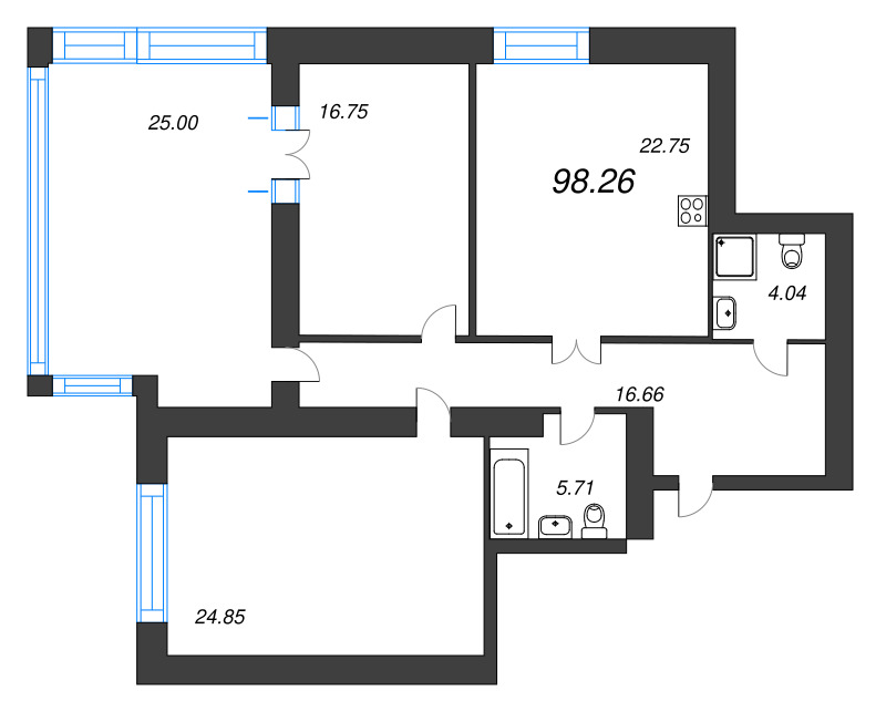 2-комнатная квартира, 98.6 м² - планировка, фото №1
