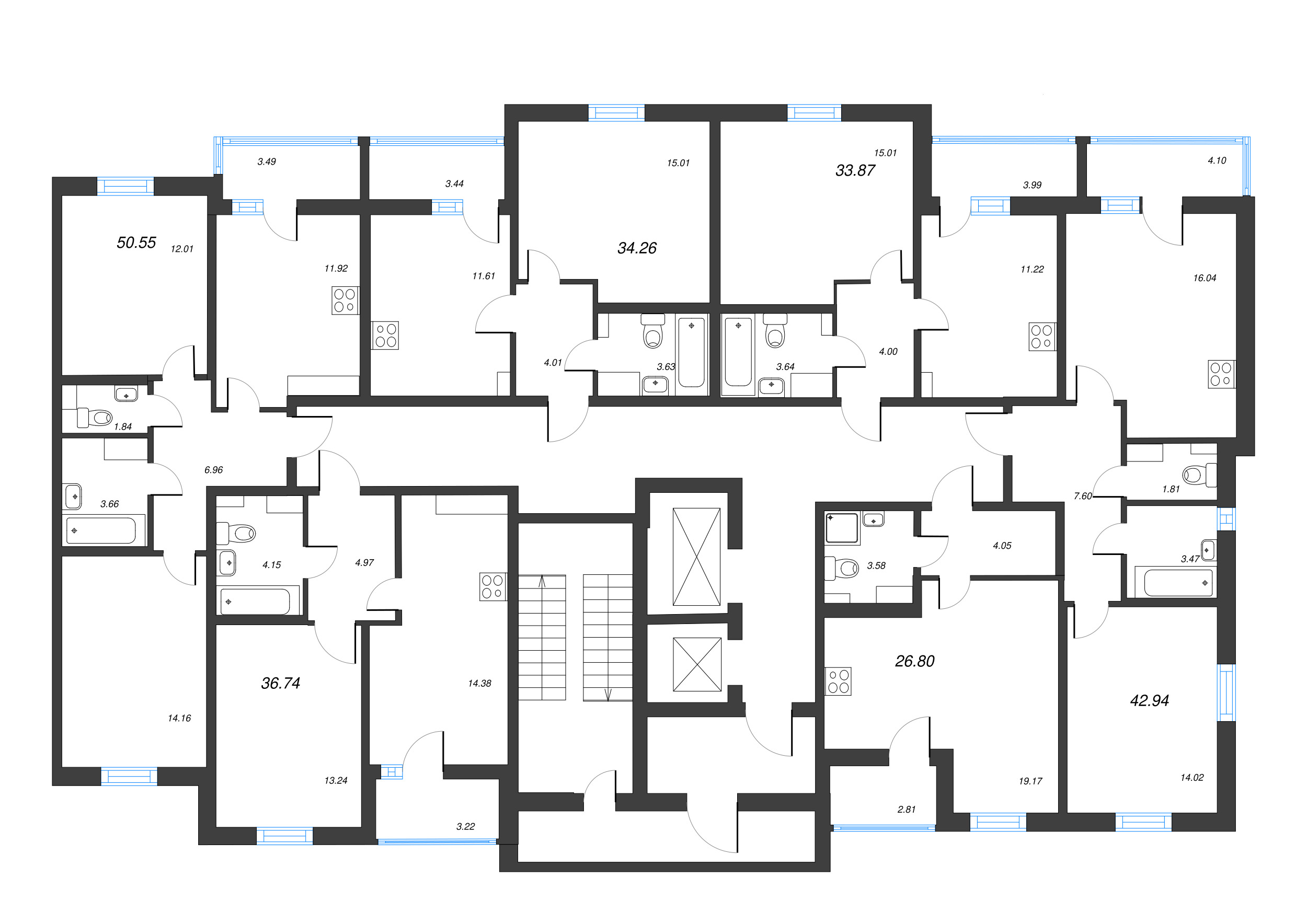 2-комнатная квартира, 50.55 м² - планировка этажа