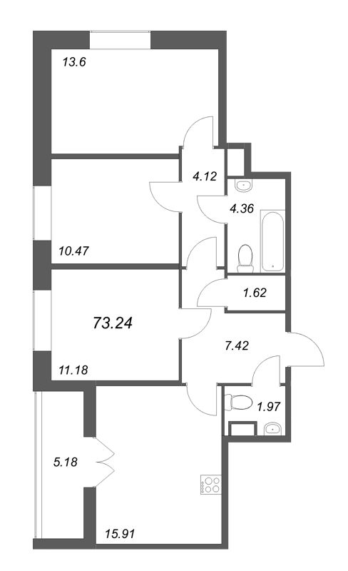 3-комнатная квартира, 73.24 м² в ЖК "Рождественский квартал" - планировка, фото №1